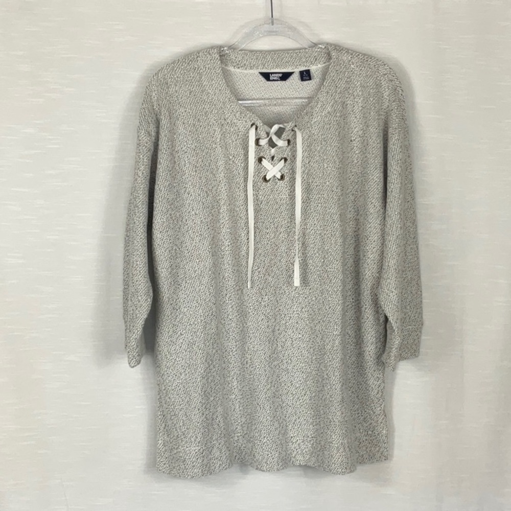 NWOT Land’s End 3 quarter sleeve sweater with shoe lace tie